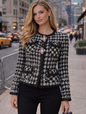 Self-Portrait Black and White Tweed Ruffle-Hem Jacket